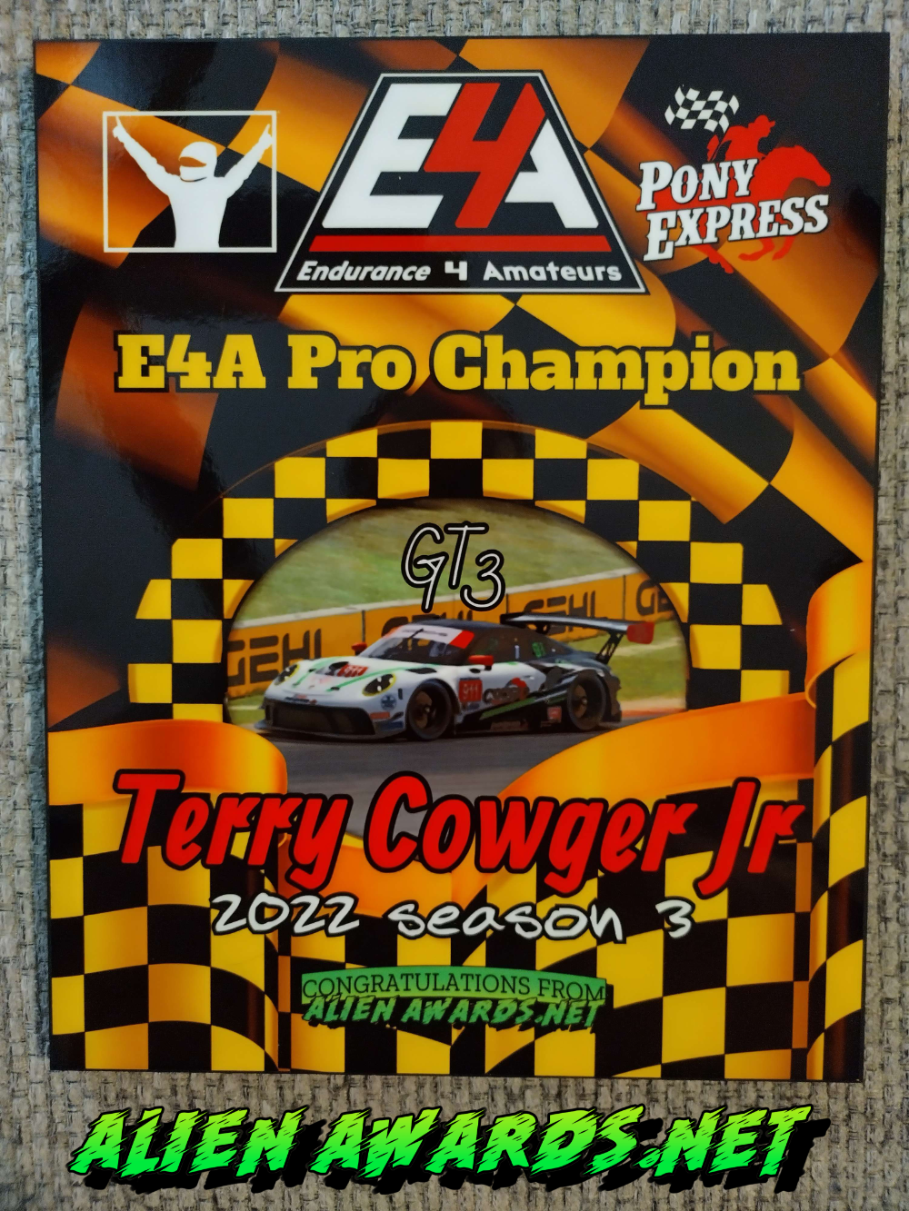Sim Racing Award plaque.